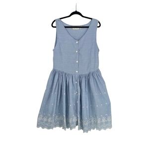 Passports Women Blue Sleeveless Button Front Embroidery Fit & Flare Dress Size L